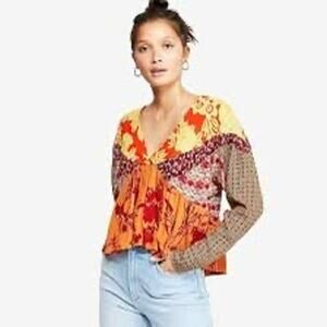 Free People Aloha State Of Mind Patchwork Print Long Sleeve Flowy Top Size XS